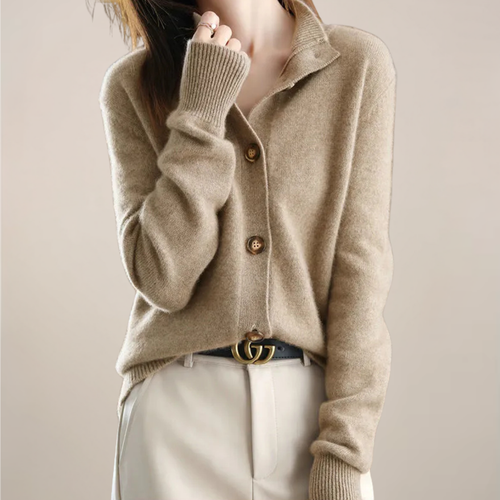 Ladies' Button-Front Cardigan with Soft Collar – Florence - Khaki - Bellux