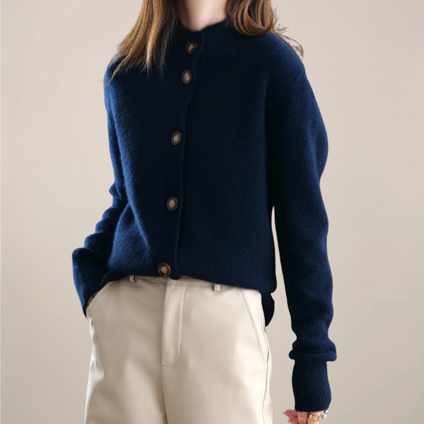 Ladies' Button-Front Cardigan with Soft Collar – Florence - Navy Blue - Bellux