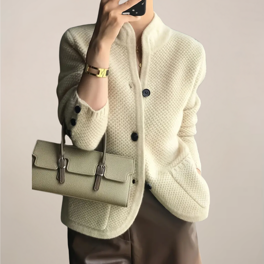 Ladies’ Cardigan, Textured Knit, Stand Collar – Mabel - Cream - Bellux