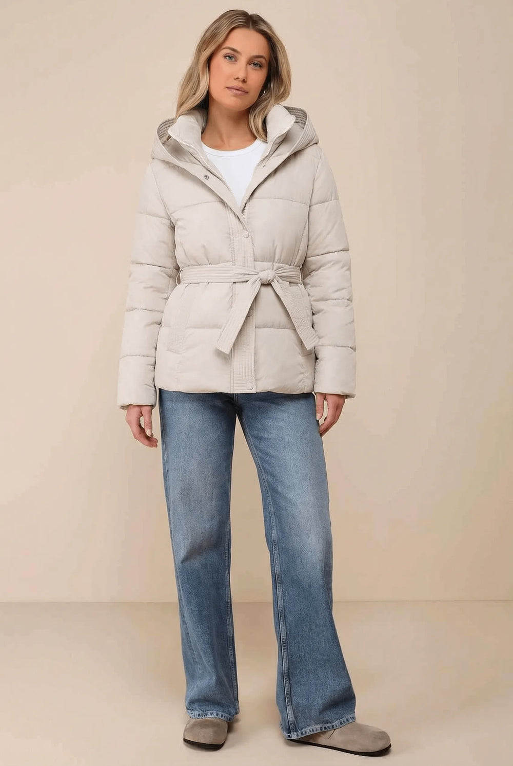 Ladies’ Hooded Puffer Jacket, Belted – Wren - Beige - Bellux