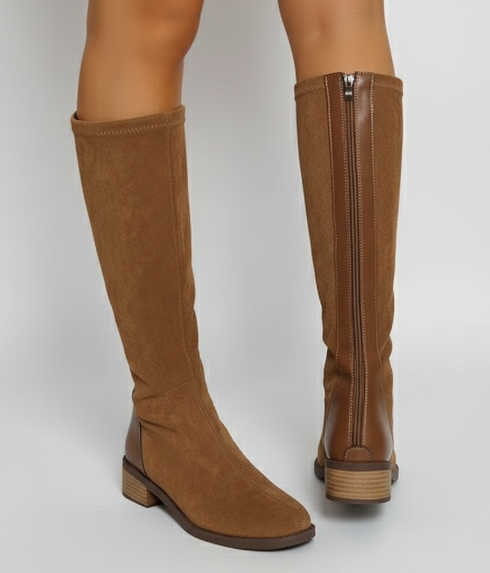 Ladies’ Knee-High Boots Camel Suede Look Block Heel – Maud - Light Brown - Bellux