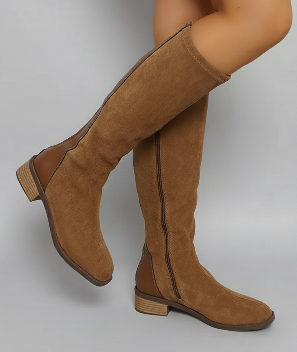 Ladies’ Knee-High Boots Camel Suede Look Block Heel – Maud - Light Brown - Bellux