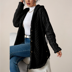 Ladies’ Longline Hooded Cardigan Diamond Pattern – Poppy - Black - Bellux