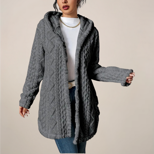 Ladies’ Longline Hooded Cardigan Diamond Pattern – Poppy - Grey - Bellux