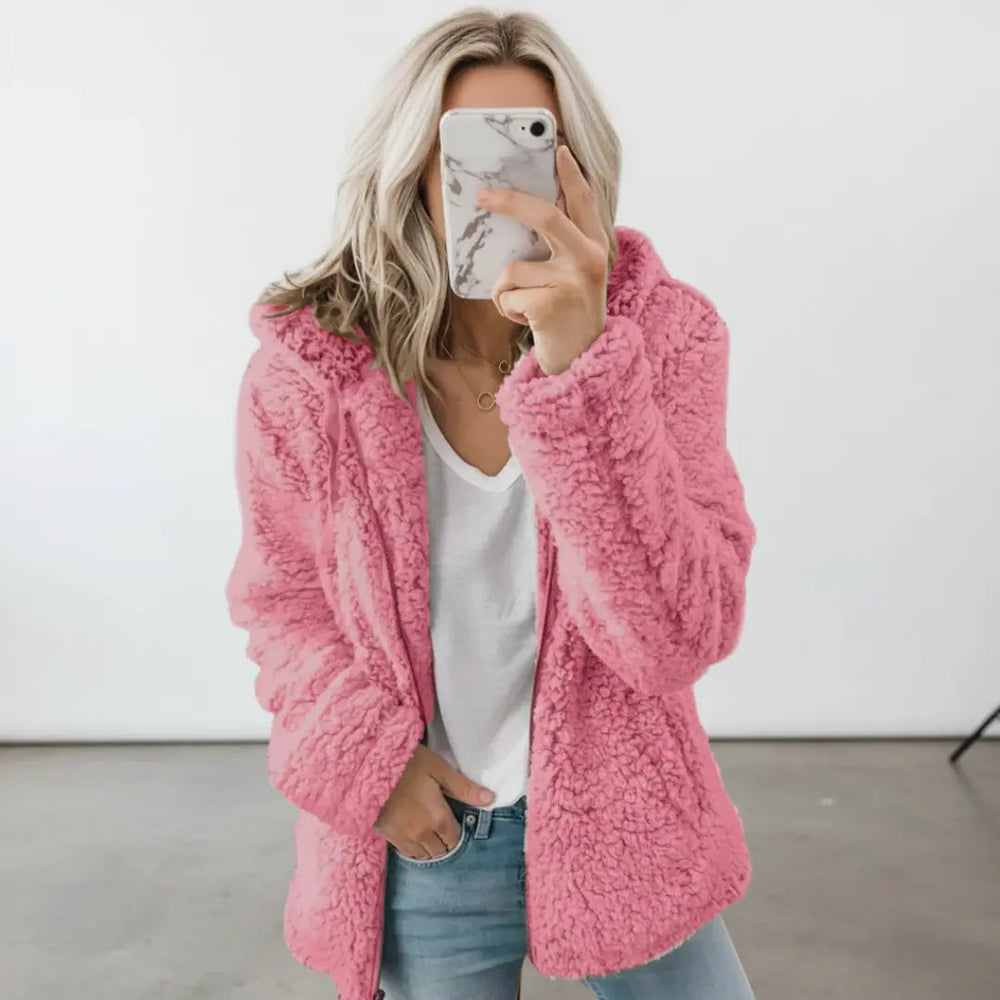 Ladies’ Longline Hooded Teddy Jacket – Penny - Pink - Bellux