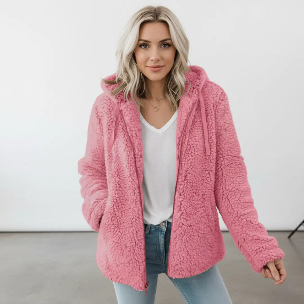 Ladies’ Longline Hooded Teddy Jacket – Penny - Pink - Bellux