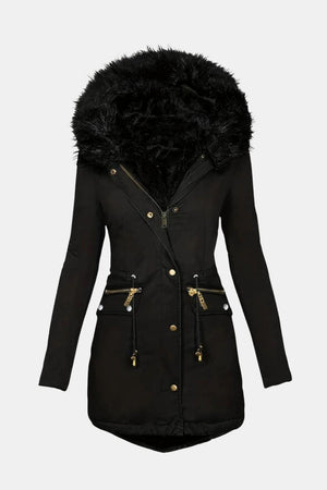 Ladies’ Parka Jacket Hooded with Faux Fur Trim – Eloise - Black - Bellux