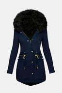 Ladies’ Parka Jacket Hooded with Faux Fur Trim – Eloise - Navy Blue - Bellux