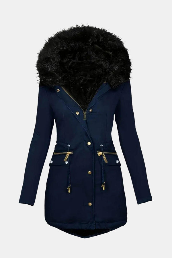 Ladies’ Parka Jacket Hooded with Faux Fur Trim – Eloise - Navy Blue - Bellux