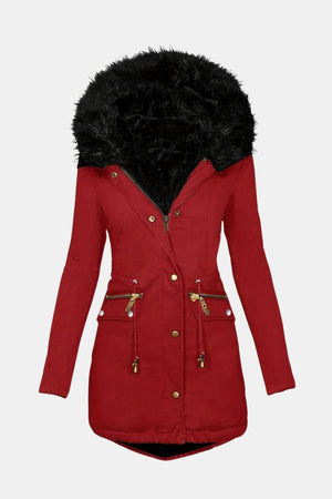 Ladies’ Parka Jacket Hooded with Faux Fur Trim – Eloise - Wine Red - Bellux