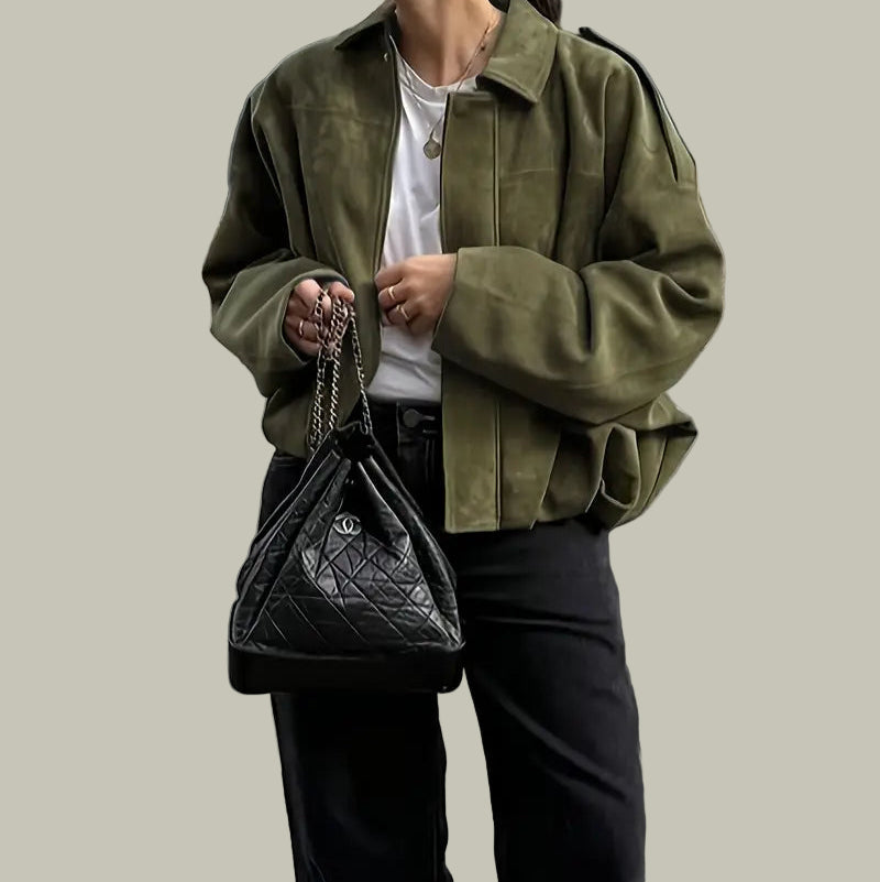 Ladies’ Short Jacket, Oversized, Elasticated Hem – Fleur - Army Green - Bellux