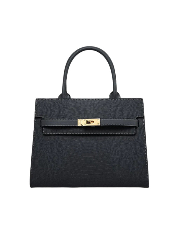 Ladies' Structured Handbag, Gold Turn-Lock, Leather - Matilda - Black - Bellux