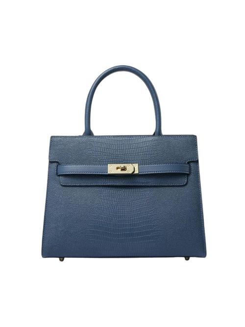 Ladies' Structured Handbag, Gold Turn-Lock, Leather - Matilda - Navy Blue - Bellux