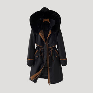 Long Parka Water-Resistant Belted Faux-Fur – Astra - Black - Bellux