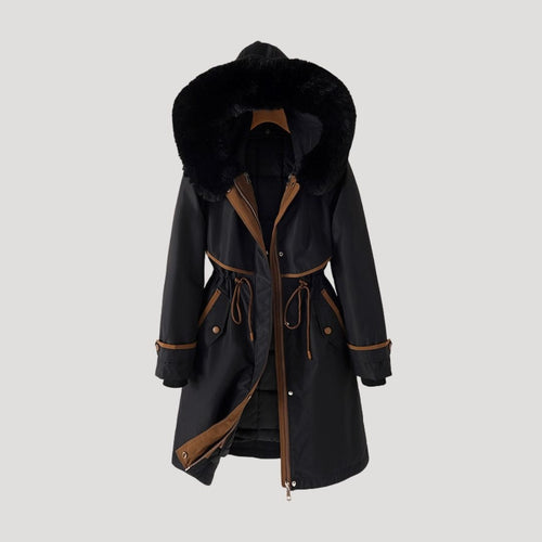 Long Parka Water-Resistant Belted Faux-Fur – Astra - Black - Bellux