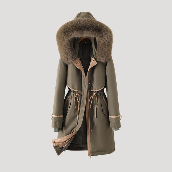 Long Parka Water-Resistant Belted Faux-Fur – Astra - Green - Bellux