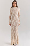 Long-Sleeve Maxi Dress High-Stretch Lace – Corinne - beige - Bellux