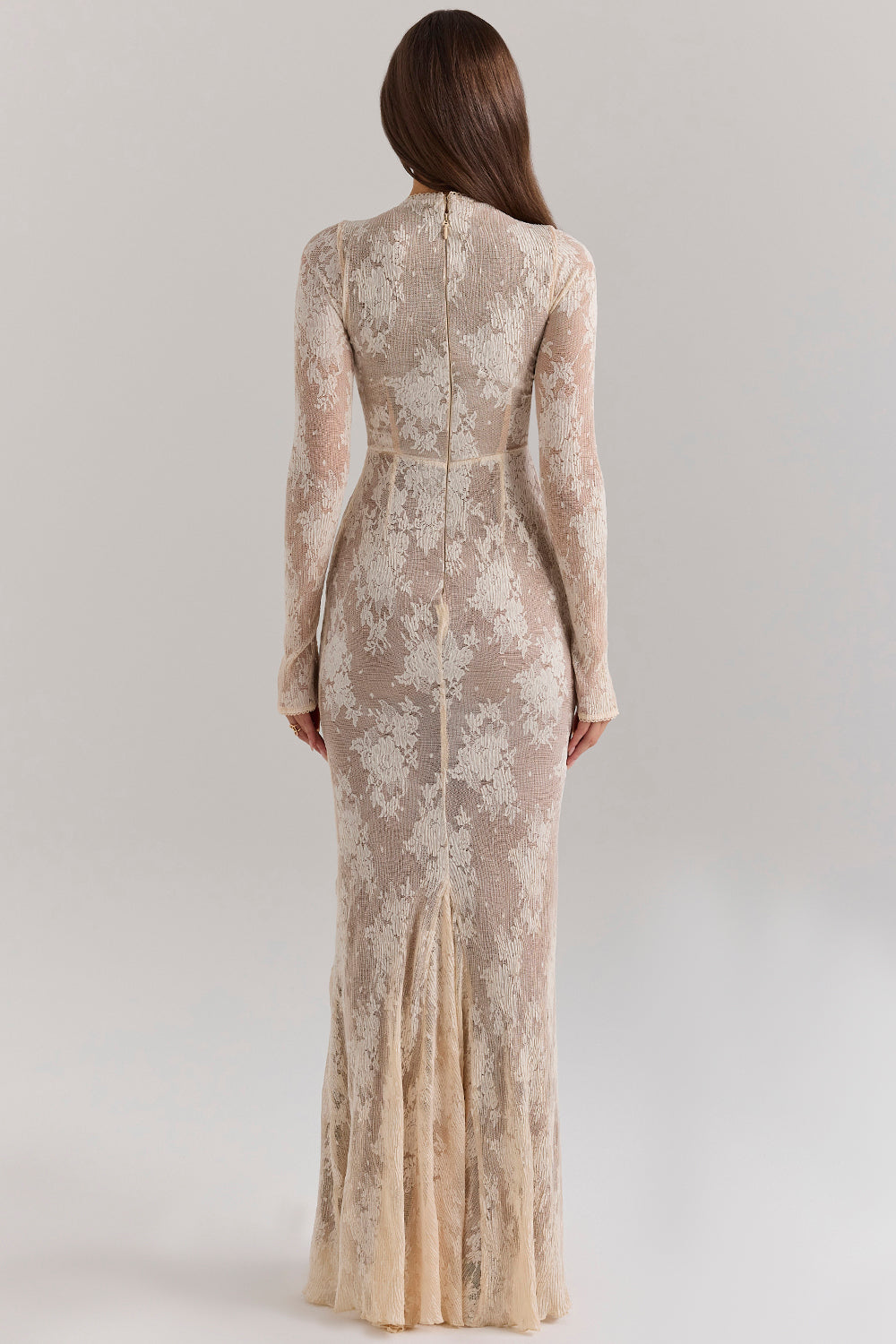 Long-Sleeve Maxi Dress High-Stretch Lace – Corinne - beige - Bellux