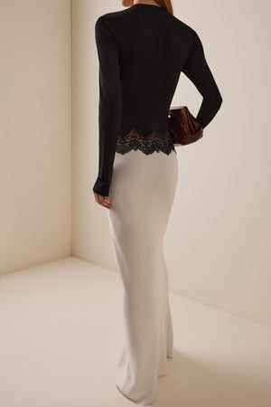 Long-Sleeve Maxi Dress Stretch Lace-Panel Satin – Clarice - Bellux