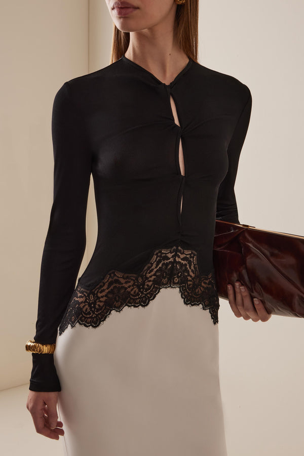 Long-Sleeve Maxi Dress Stretch Lace-Panel Satin – Clarice - Bellux