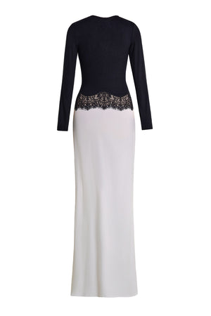 Long-Sleeve Maxi Dress Stretch Lace-Panel Satin – Clarice - Bellux