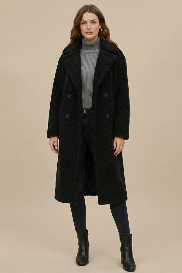 Long Teddy Coat Double-Breasted Relaxed Fit – Sylvie - Bellux