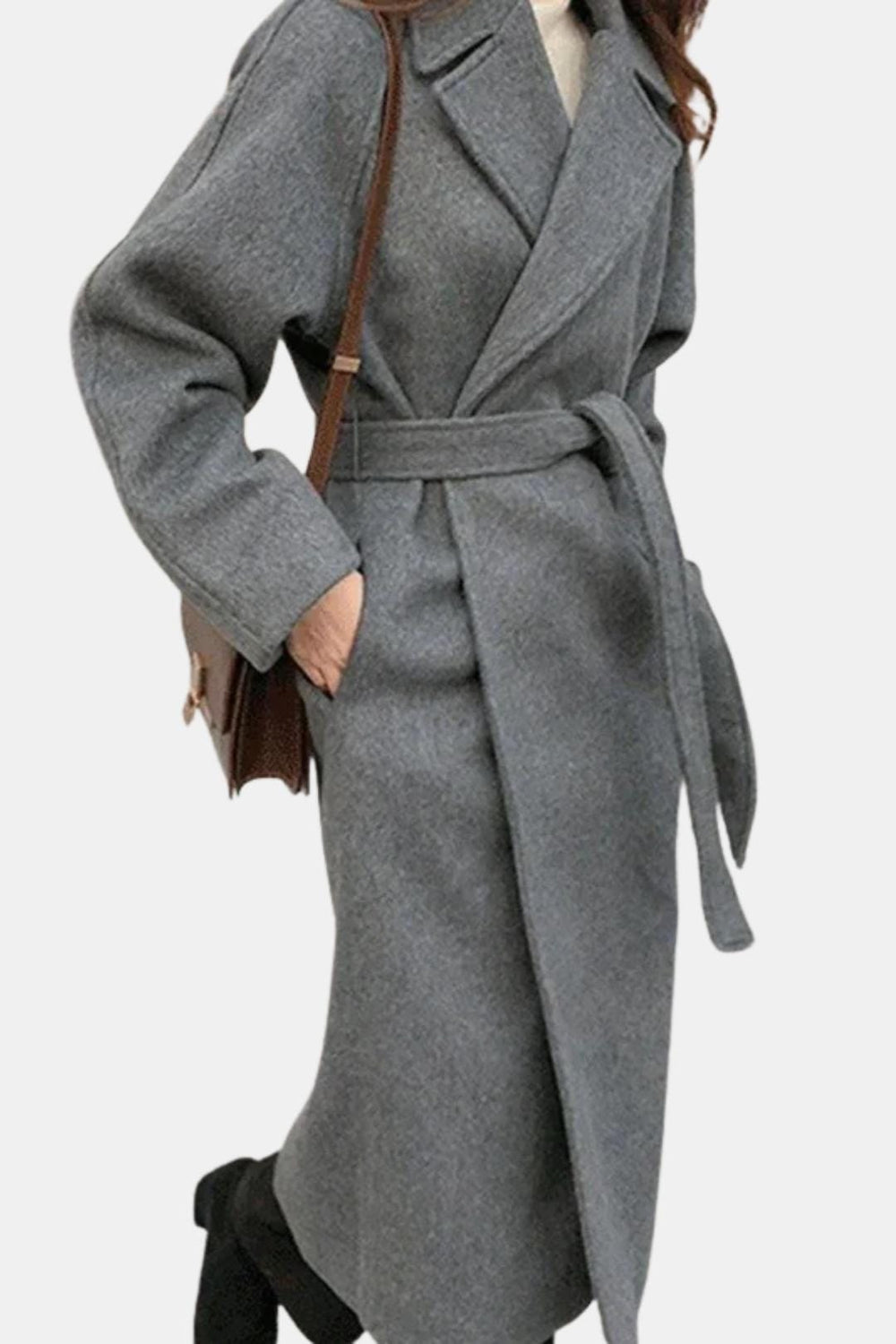 Longline Belted Wrap Coat Tailored Wool-Blend – Camille - Dark Grey - Bellux