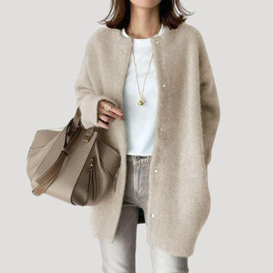 Longline Cardigan Relaxed Fit Wool Snap-Button - Beige - Bellux