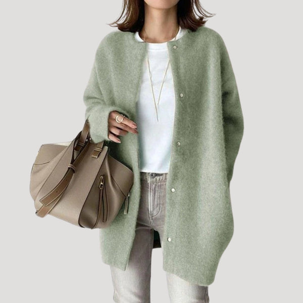 Longline Cardigan Relaxed Fit Wool Snap-Button - Green - Bellux