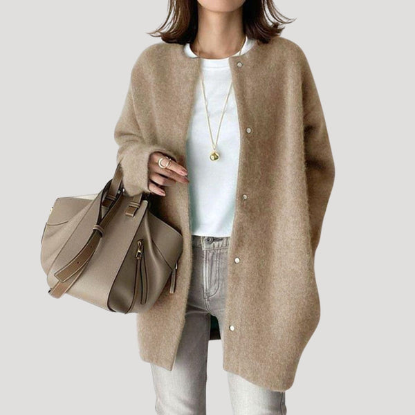 Longline Cardigan Relaxed Fit Wool Snap-Button - Khaki - Bellux