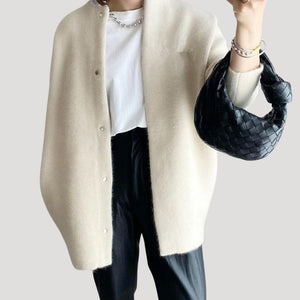 Longline Cardigan Relaxed Fit Wool Snap-Button - White - Bellux