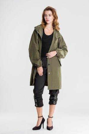 Longline Hooded Coat Lightweight Relaxed Fit - Cordelia - Army Green - Bellux