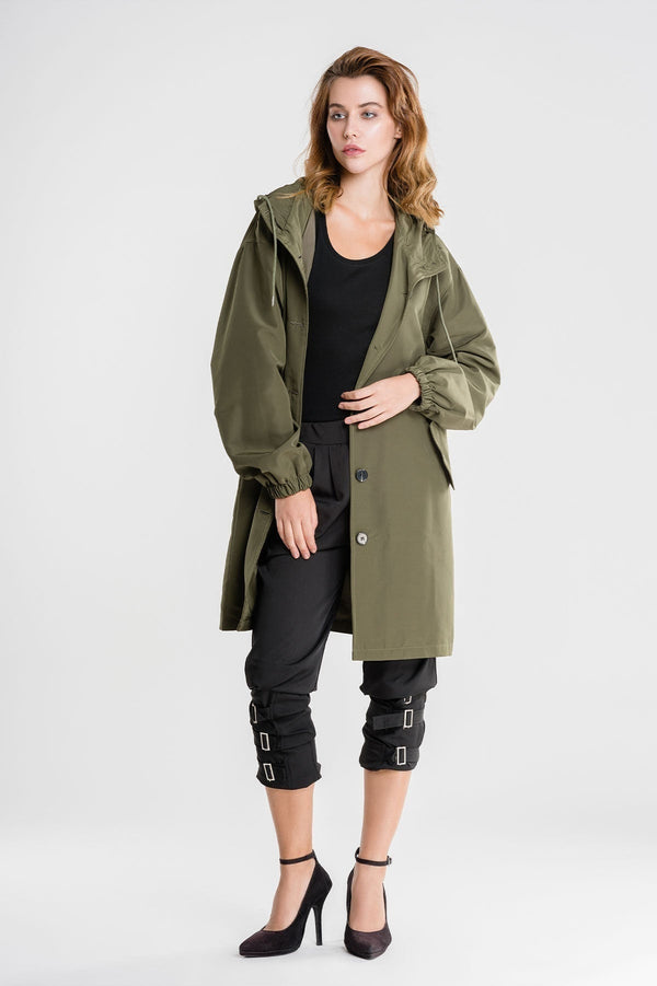 Longline Hooded Coat Lightweight Relaxed Fit - Cordelia - Army Green - Bellux