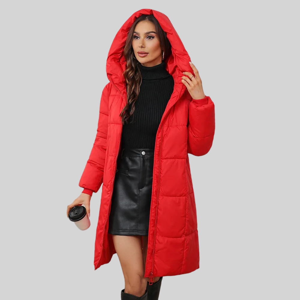 Longline Puffer Coat Insulated Down-Filled Cotton – Thora - Red - Bellux