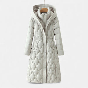 Longline Quilted Hooded Coat Insulated Water-Resistant - White - Bellux