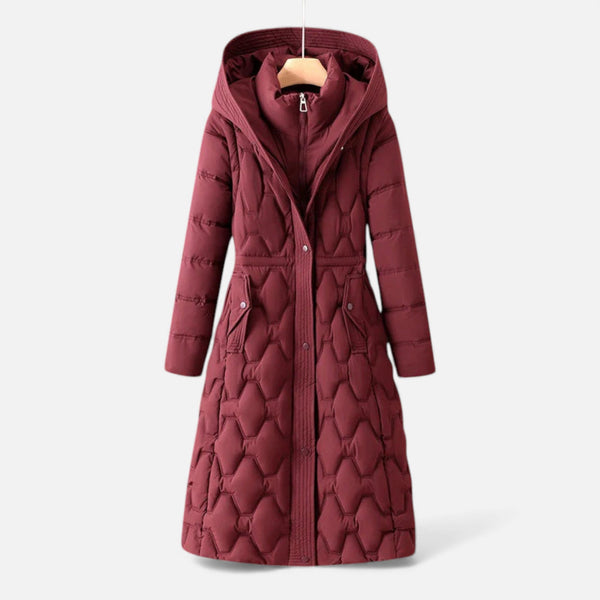 Longline Quilted Hooded Coat Insulated Water-Resistant - Wine Red - Bellux