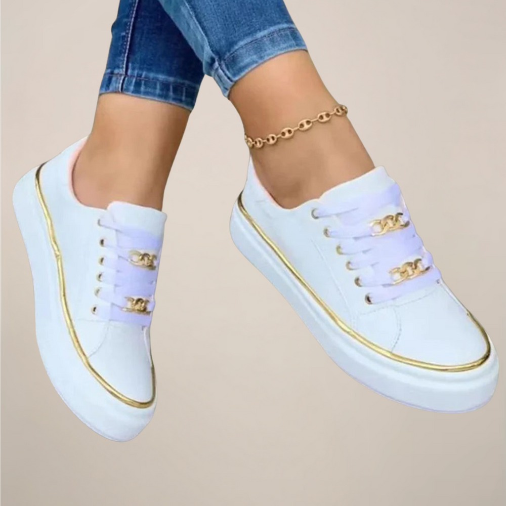 Low-Top Trainers Cushioned Sole Gold-Accent – Bramley - White - Bellux
