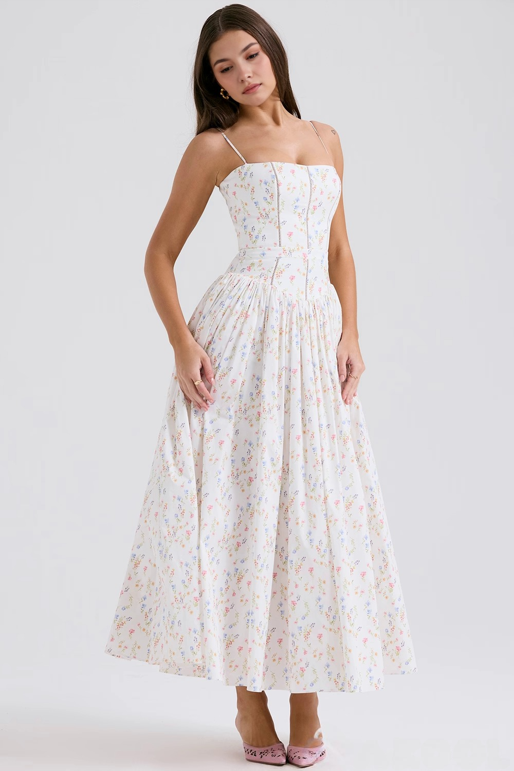 Maxi Dress Shaping Floral Print – Imogen - Chewing Gum White - Bellux