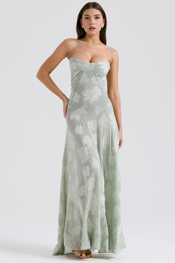 Maxi Dress with Square Neck Floral Jacquard – Felicity - Bellux