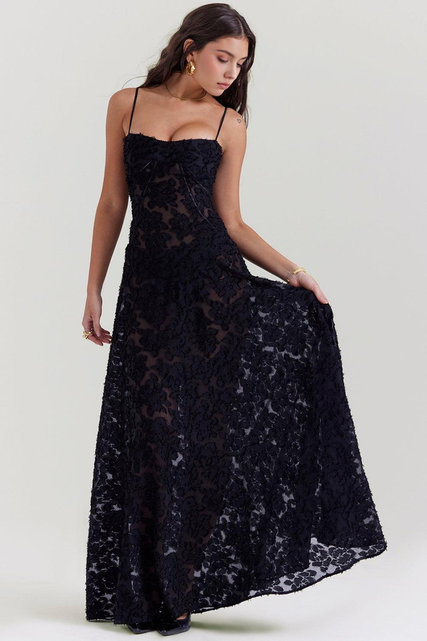 Maxi Dress with Square Neck Floral Jacquard – Felicity - Bellux