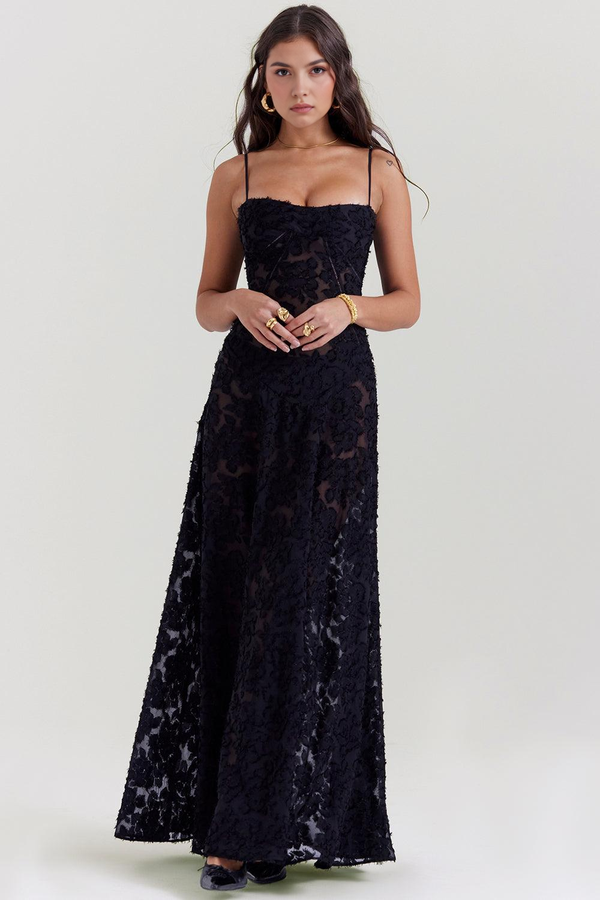 Maxi Dress with Square Neck Floral Jacquard – Felicity - Black - Bellux