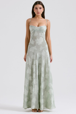 Maxi Dress with Square Neck Floral Jacquard – Felicity - Emerald Green - Bellux