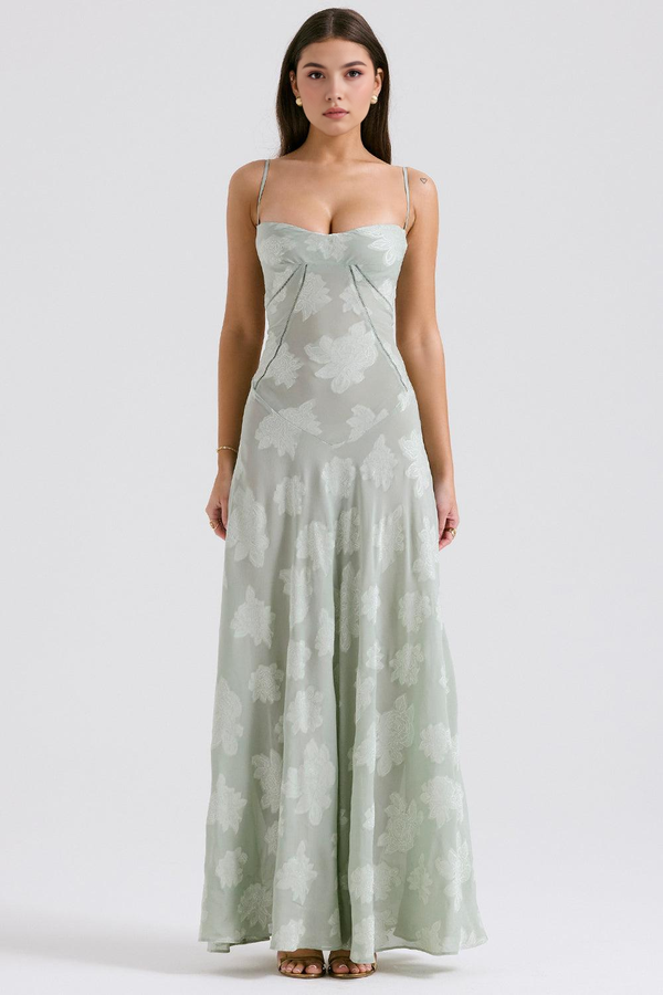 Maxi Dress with Square Neck Floral Jacquard – Felicity - Emerald Green - Bellux