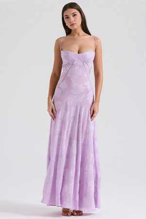 Maxi Dress with Square Neck Floral Jacquard – Felicity - Lilac - Bellux