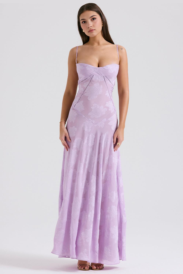 Maxi Dress with Square Neck Floral Jacquard – Felicity - Lilac - Bellux