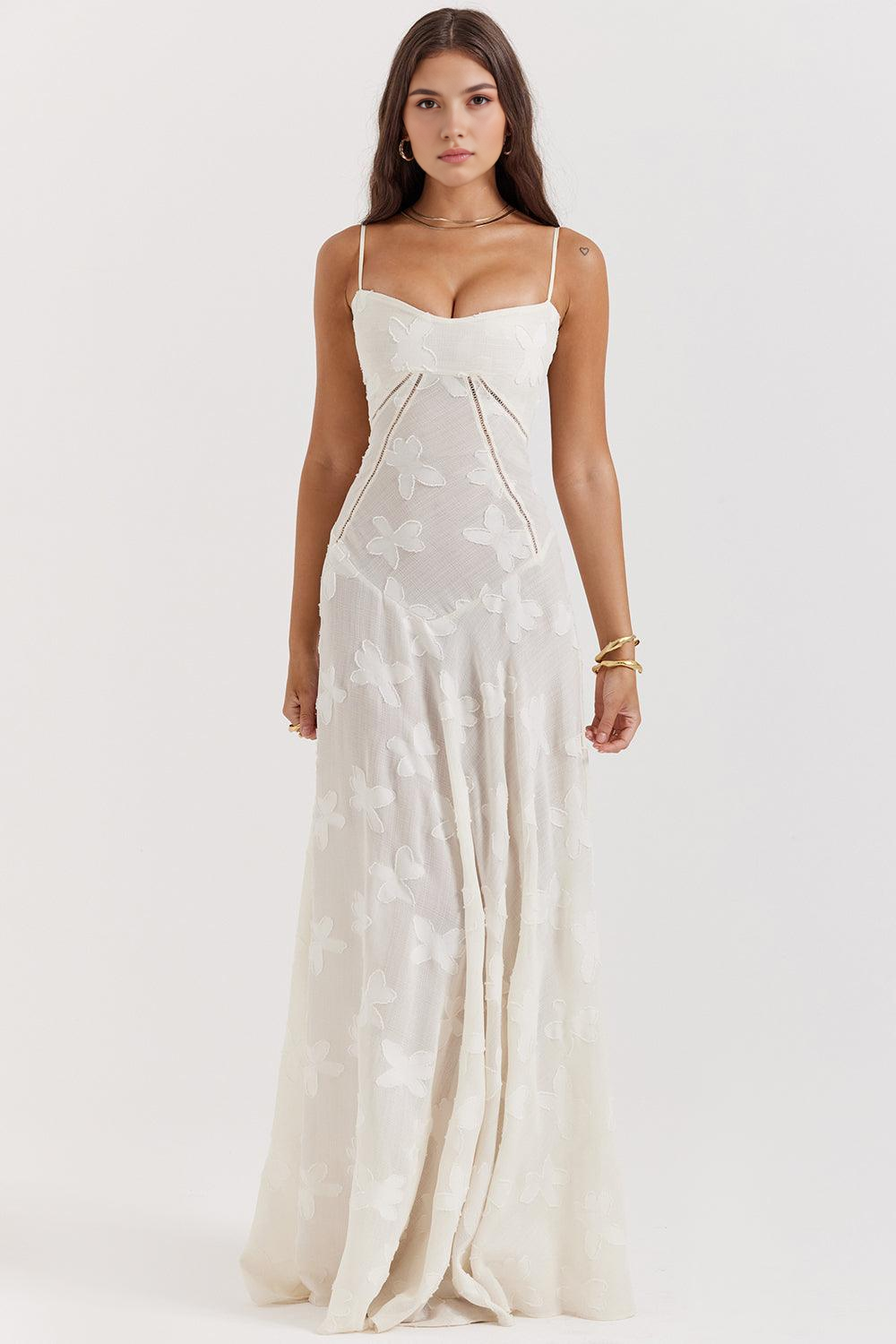 Maxi Dress with Square Neck Floral Jacquard – Felicity - Off White - Bellux