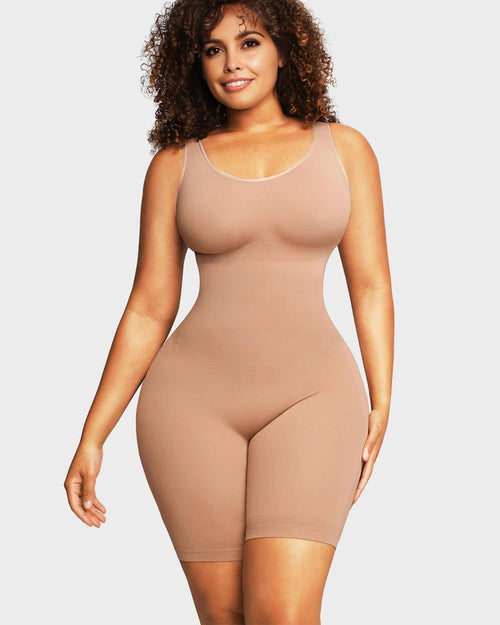 Mid-Thigh Seamless Tummy-Control Bodysuit – CurveLift - Peach - Bellux
