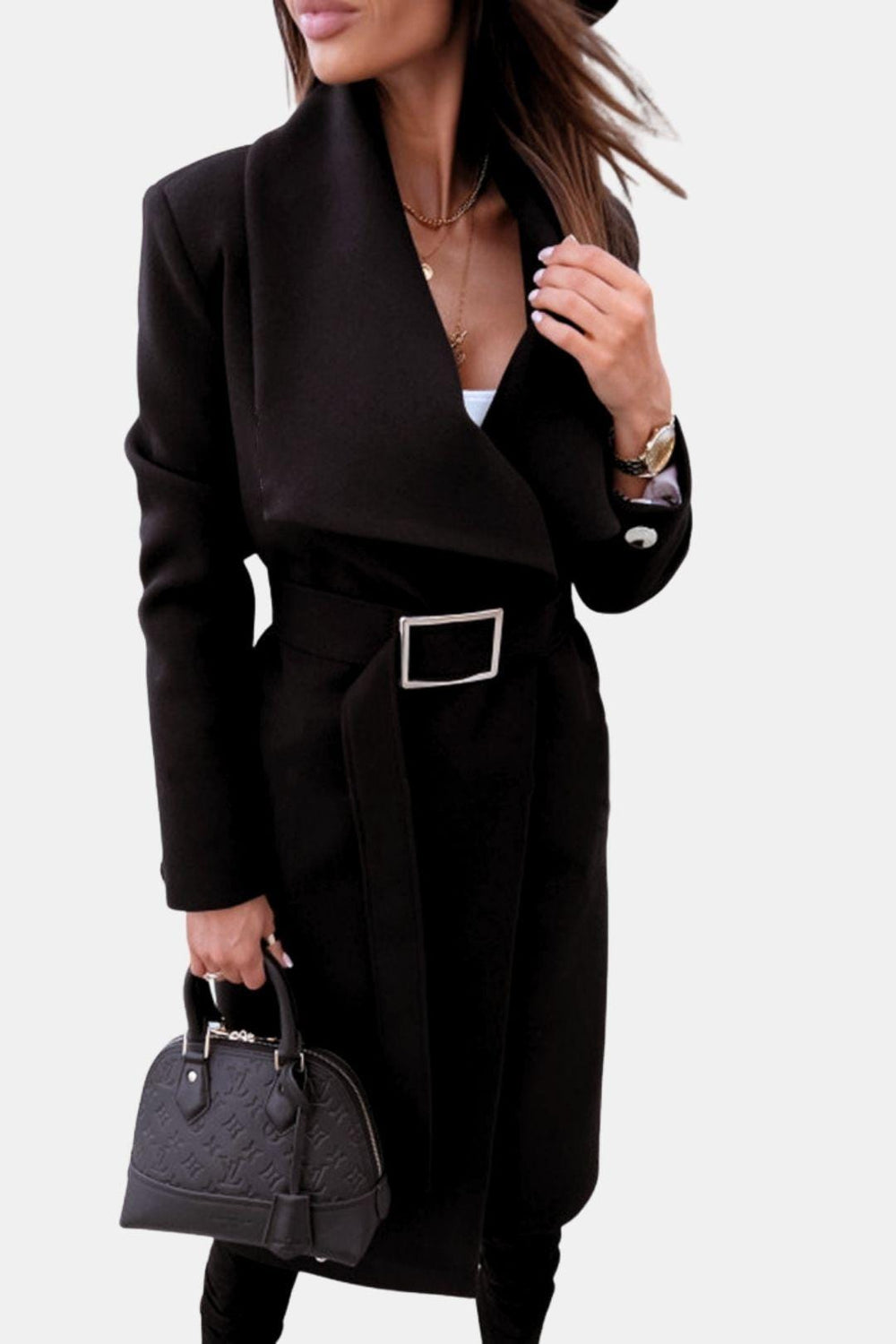 Midi Belted V-Neck Overcoat Tailored Wool-Blend – Audrey - Black - Bellux