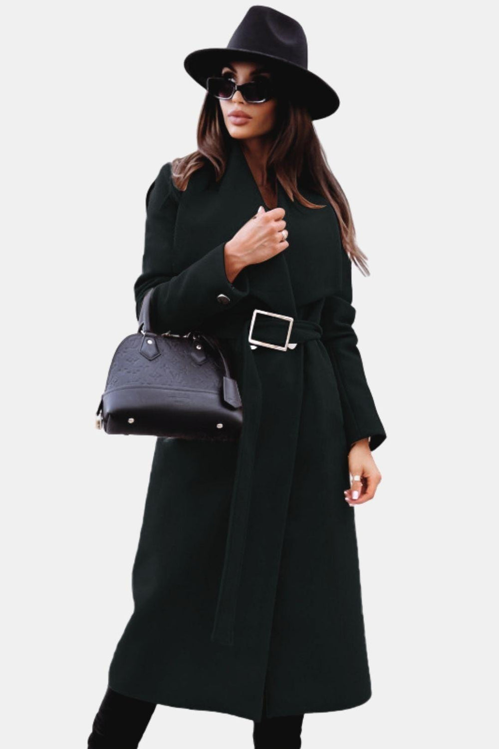 Midi Belted V-Neck Overcoat Tailored Wool-Blend – Audrey - Black - Bellux