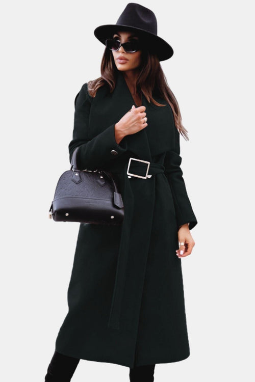 Midi Belted V-Neck Overcoat Tailored Wool-Blend – Audrey - Black - Bellux